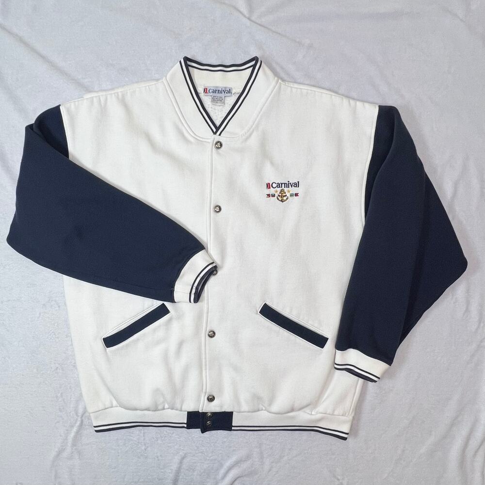 Vintage Carnival Cruise Cardigan – Men's Medium – White & Navy – Nautical Style